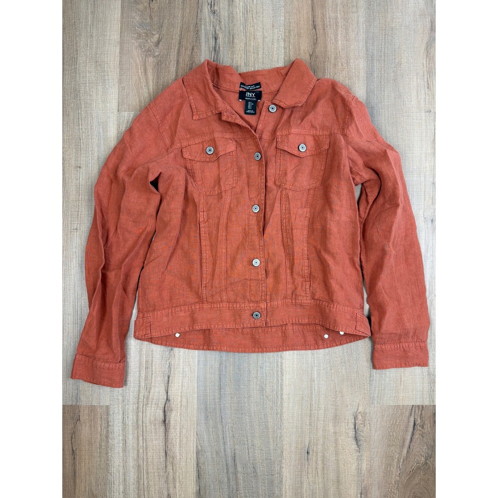 Jones New York JNY Women Rust Orange 100% Linen Trucker Jacket Large NWOT